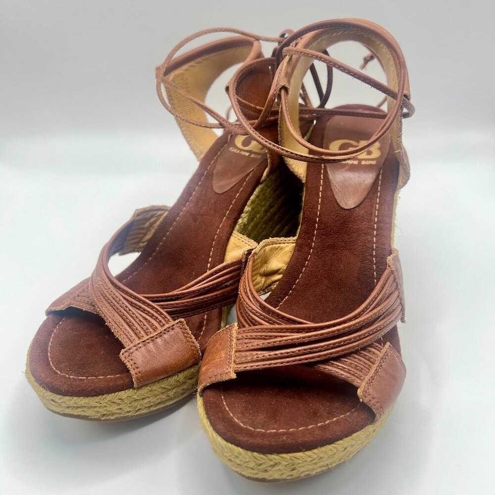 Gianni Bini Ankle Wrap Up Lace Up Sandals Espadrilles Wedge Leather Quality